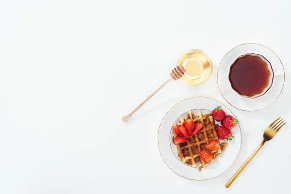 Top View Delicious Breakfast Waffle Strawberries Tea White — Stock Photo, Image