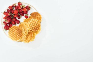 beyaz tabakta waffle ve çilek bir sürü üst görünümü