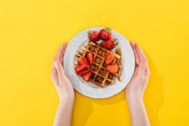 sarı üzerinde waffle ve çilek ile plaka tutan kadın kırpılmış görünümü