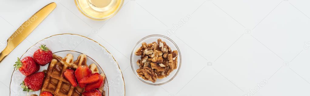 panoramic shot of bowl and plate with food near knife on white