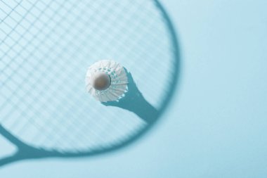 mavi badminton raket gölgesi yakın tüyleri ile beyaz shuttlecock üst görünümü 