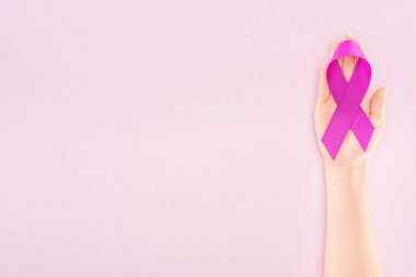 cropped view of purple ribbon on hand of woman isolated on pink clipart
