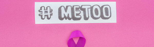 panoramic shot of purple awareness ribbon near paper with hashtag me too isolated on pink
