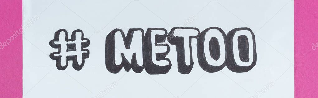 Panoramic shot of paper with hashtag me too on pink background