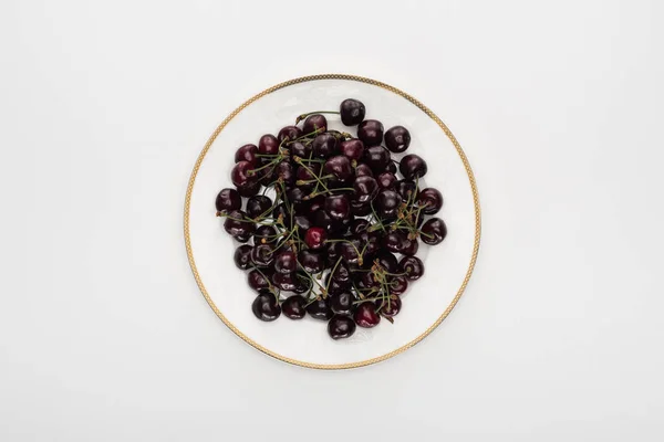 Top View Red Sweet Cherries White Plate — Stock Photo, Image