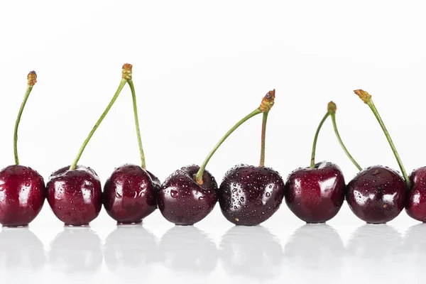 Red Fresh Whole Cherries Water Drops White Background Copy Space — Stock Photo, Image