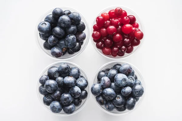 Ansicht Von Ganzen Preiselbeeren Und Süßen Blaubeeren Plastikbechern — Stockfoto