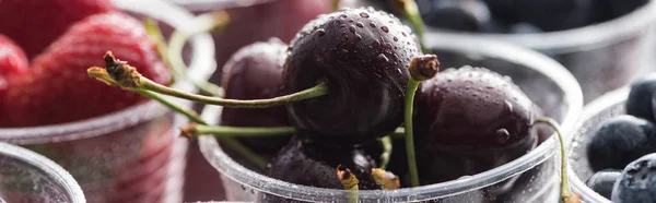 Panoramaaufnahme Von Frischen Und Reifen Kirschen Mit Tropfen Blaubeeren Und — Stockfoto