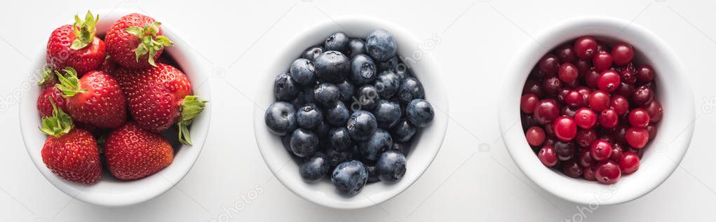 panoramic shot of fresh and ripe strawberries, blueberries and cranberries on bowls 