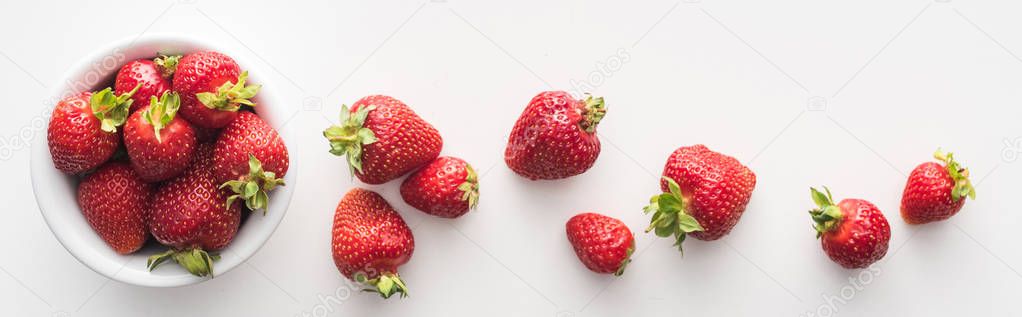panoramic shot of fresh and ripe strawberries on white bowl 