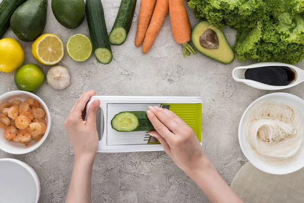 Top View Woman Grating Cucumber Ingredients — Stock Photo, Image