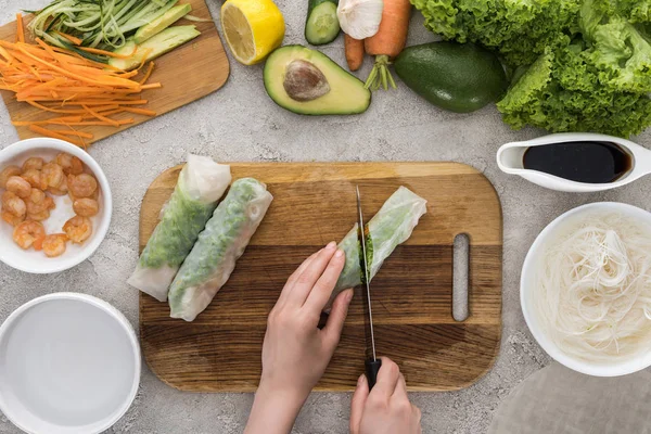 Top View Woman Cutting Knife Spring Rolls Cutting Board — Stock Photo, Image
