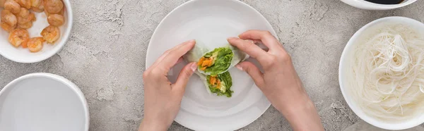 Plano Panorámico Mujer Que Sirve Sabrosos Rollos Primavera Plato Blanco — Foto de Stock