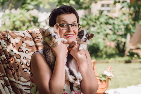 Gelukkig Brunette Midden Leeftijd Vrouw Holding Welsh Corgi Puppies Terwijl — Stockfoto