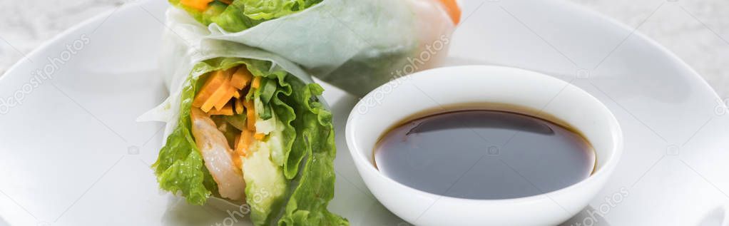 panoramic shot of tasty and served spring rolls with soy sauce on white plate 