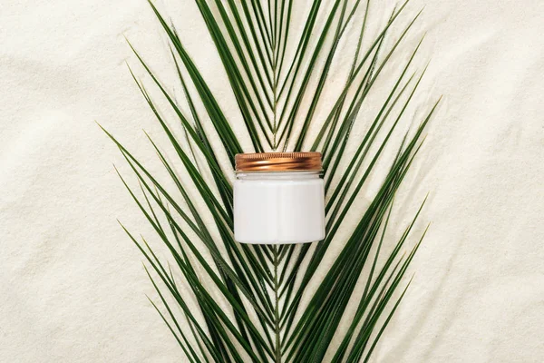 White Cosmetic Cream Green Palm Leaf Sand — Stock Photo, Image