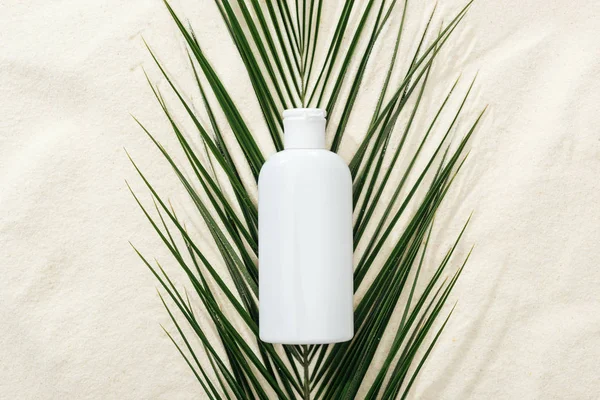 White Sunscreen Lotion Green Palm Leaf Sand — Stock Photo, Image