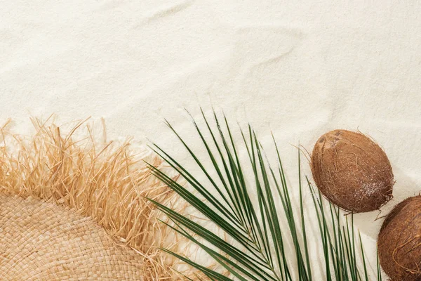 Pohled Palmový List Kokosové Ořechy Slaměný Klobouk Písku — Stock fotografie