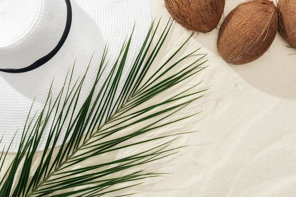 Von Oben Mit Kokosnüssen Palmblatt Und Weißem Strohhut Auf Sand — Stockfoto