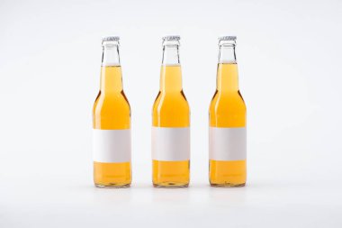 Beyaz arka planda boş etiketlerle bira şişeleri