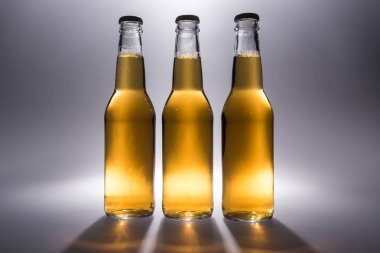 arka ışık ile gri arka planda bira ile üç cam şişe
