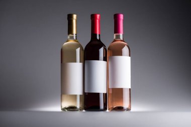 arka ışık ile koyu arka planda boş Etiketler ile kırmızı, beyaz ve gül şarabı şişeleri