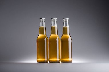 kopya alanı ile gri arka planda satır bira ile üç cam şişe