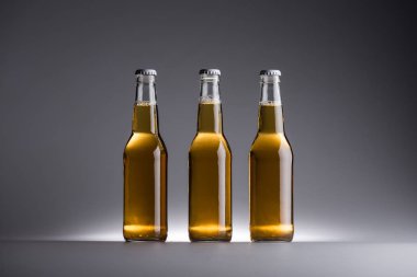 gri arka planda bira ile üç cam şişe