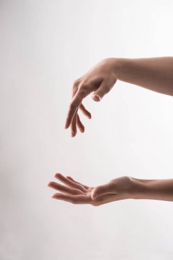 beyaz arka plan üzerinde gesturing elleri ile kadın kırpılmış görünümü