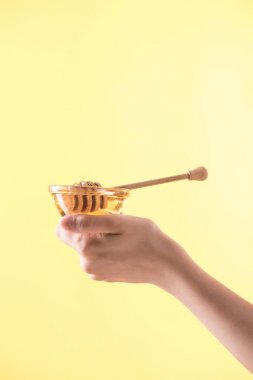 sarı üzerinde izole bal ve ahşap dipper ile cam kase tutan kadın kısmi görünümü