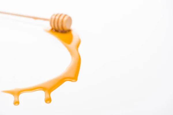 Dripping Honey Wooden Honey Dipper Isolated White Copy Space — Stock Photo, Image