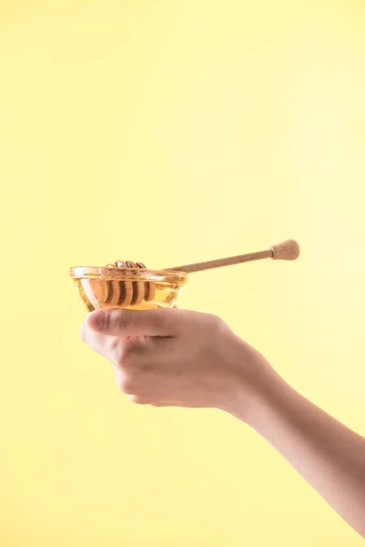 Partial View Woman Holding Glass Bowl Honey Wooden Dipper Isolated — Stock Photo, Image