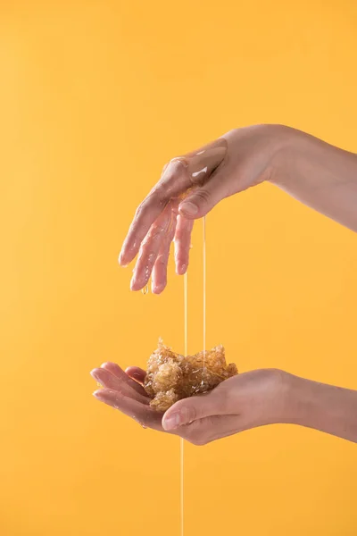 Cropped View Woman Showing Hands Dripping Honey Holding Honeycomb Isolated — Stock Photo, Image