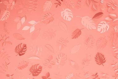 mercan tropikal kağıt kesme palmiye yaprakları üst görünümü, minimalist arka plan