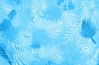 top view of exotic paper leaves on blue minimalistic background clipart