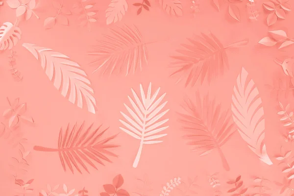 Top View Coral Tropical Paper Cut Palm Leaves Minimalistic Background — Stock Photo, Image