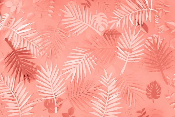 Top View Coral Tropical Paper Cut Palm Leaves Minimalistic Background — Stock Photo, Image