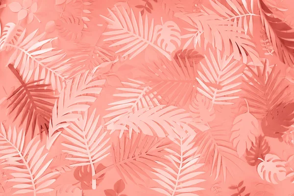 Top View Coral Tropical Paper Cut Palm Leaves Minimalistic Background — Stock Photo, Image