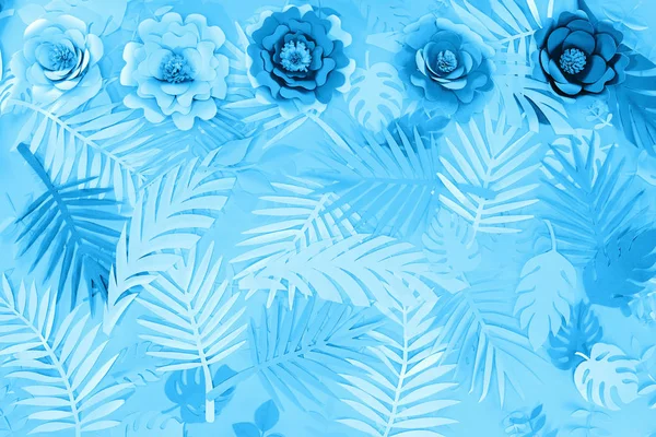 Vista Superior Hojas Flores Exóticas Papel Sobre Fondo Minimalista Azul — Foto de Stock
