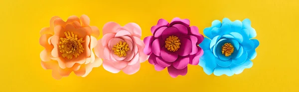 Flat Lay Paper Cut Multicolored Bright Flowers Yellow Background Panoramic — Stock Photo, Image