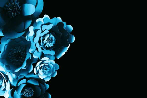 Вид Зверху Паперу Вирізані Сині Квіти Ізольовані Чорному Простором Копіювання — стокове фото