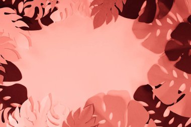 mercan tropikal kağıt kesim palmiye yaprakları çerçevesi, kopya alanı ile minimalist arka plan