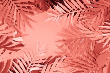 mercan tropikal kağıt kesim palmiye yaprakları çerçevesi, kopya alanı ile minimalist arka plan