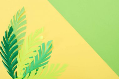 kopya alanı ile sarı ve yeşil parlak arka planda kağıt kesilmiş tropikal yaprakları üst görünümü