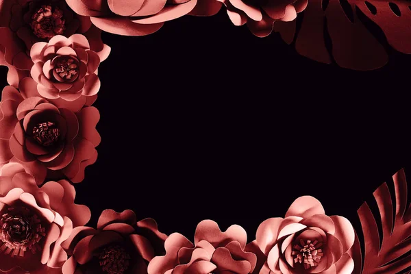 Vue Dessus Des Fleurs Roses Coupées Papier Isolées Sur Noir — Photo