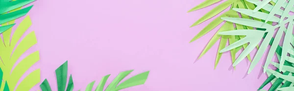 コピースペースで紫色の背景に緑の紙カット熱帯の葉のパノラマショット — ストック写真
