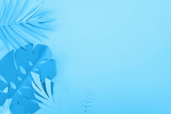 Vista Superior Folhas Papel Fundo Minimalista Azul Com Espaço Cópia — Fotografia de Stock