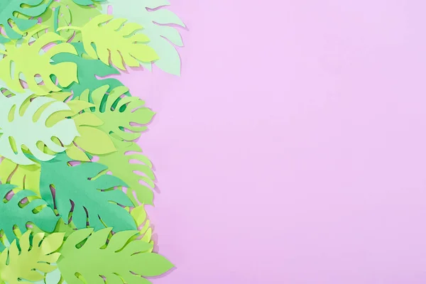 Вид Зверху Зелений Папір Вирізає Тропічні Листя Фіолетовому Фоні Пробілом — стокове фото