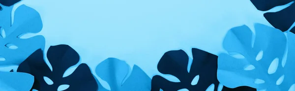Felülnézet Papír Vágott Trópusi Levelei Kék Minimalista Háttér Másolási Tér — Stock Fotó