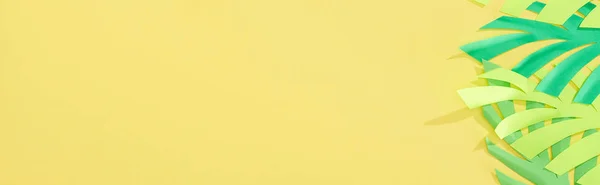 Вид Зверху Папір Вирізане Зелене Тропічне Листя Жовтому Яскравому Фоні — стокове фото